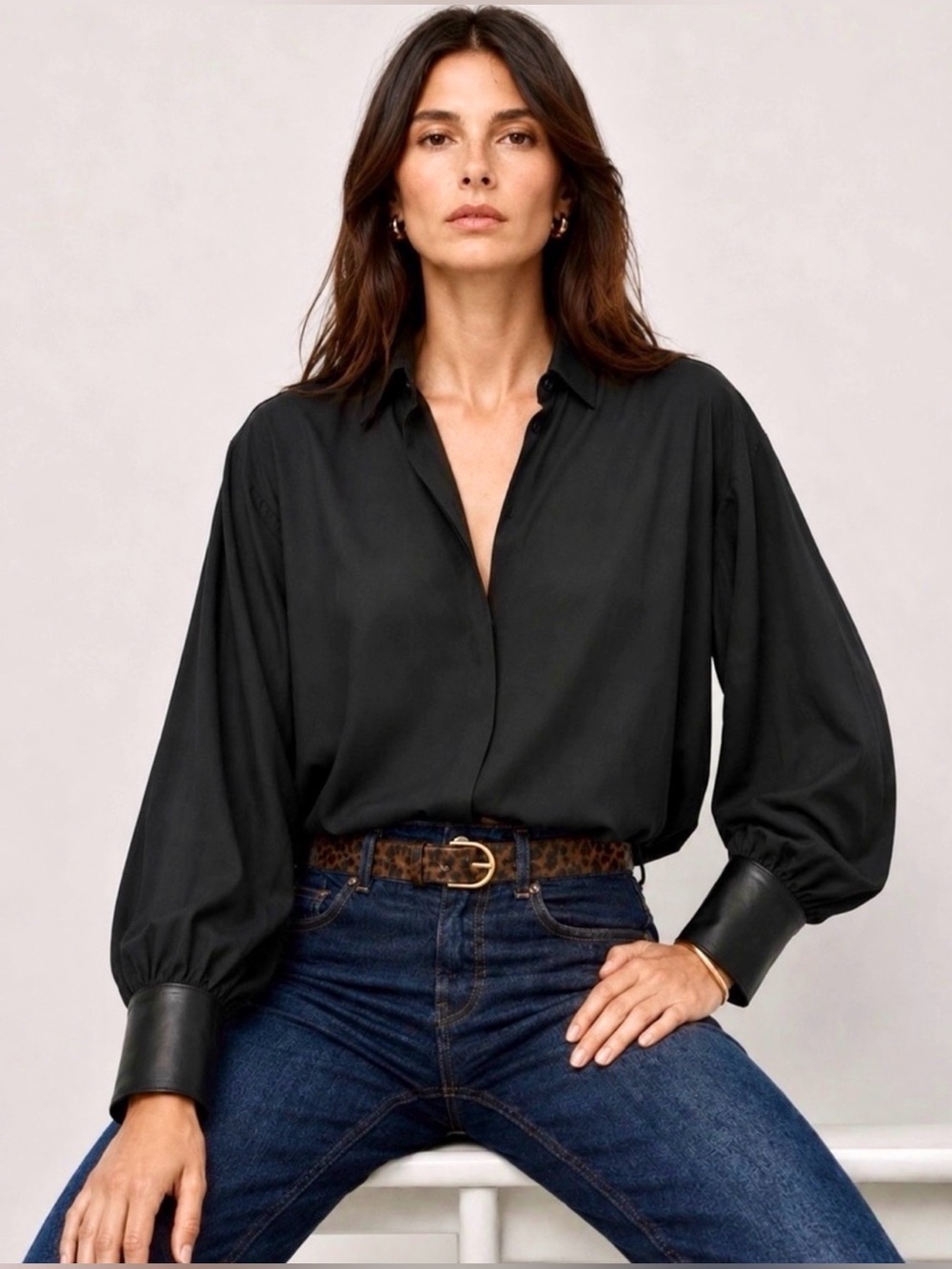 NWOT Cuyana Silk Button-Up Shirt w/Leather Cuffs in Black | Size Small (US 4-6)